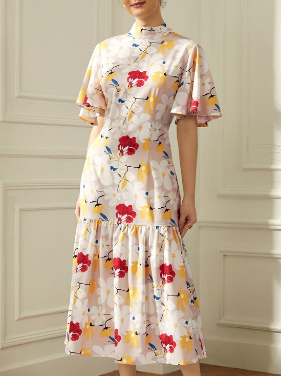 Floral Stand Collar Vacation Midi Dress With No Belt