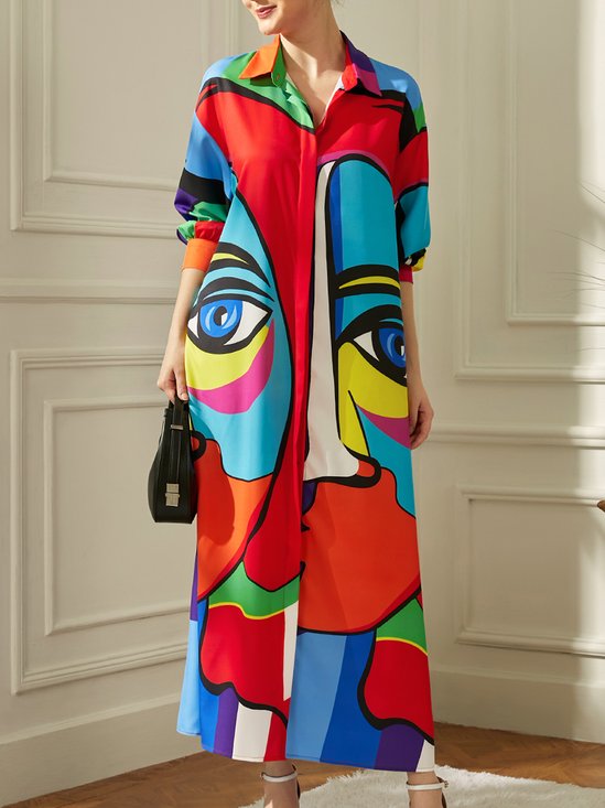 Loose Abstract Shirt Collar Casual Dress