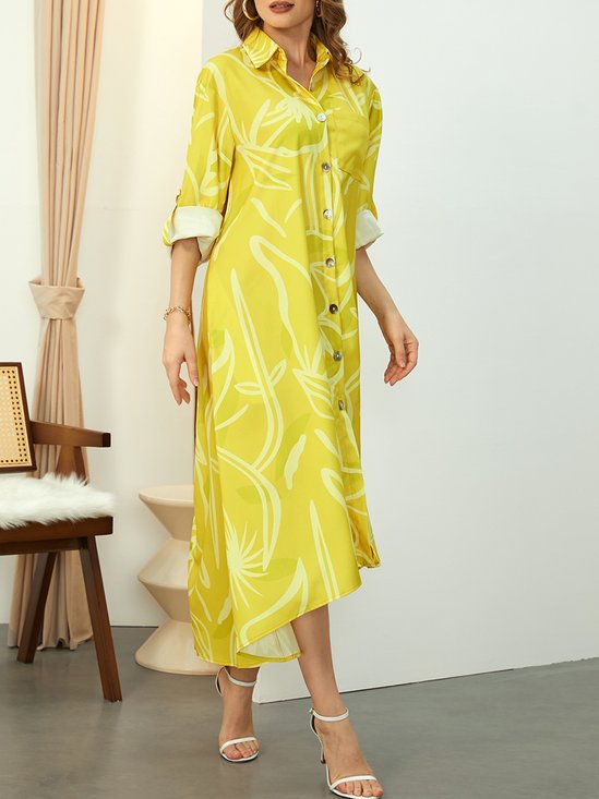 Random Print Shirt Collar Vacation Dress