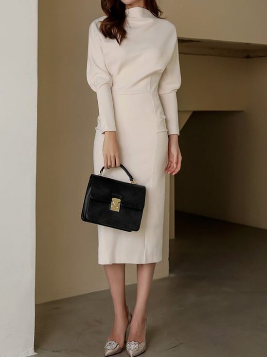 Elegant Plain Long Sleeve Midi Dress