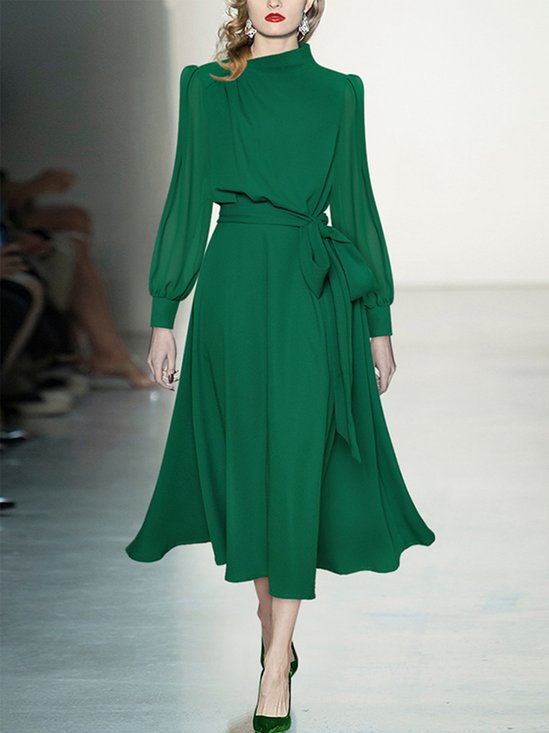 Elegant Regular Fit Plain Long Sleeve Midi Dress