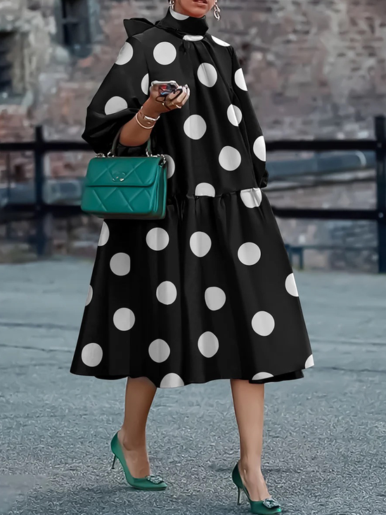 Loose Polka Dots Elegant Stand Collar Short sleeve Midi Dress