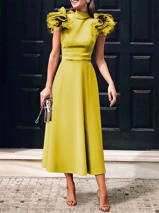Elegant Stand Collar Plain Regular Fit Midi Dress