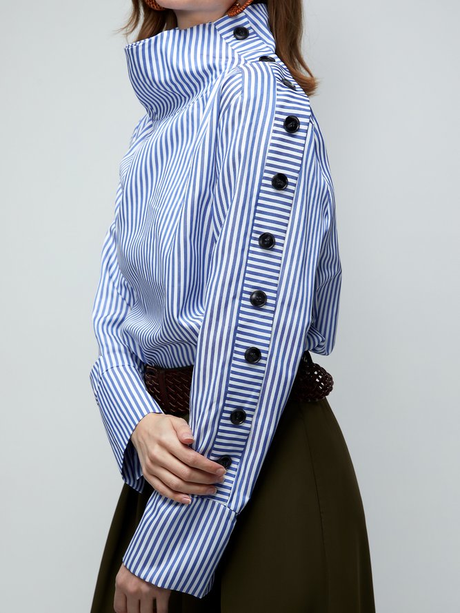 Casual High Neck Striped Long Sleeve Top