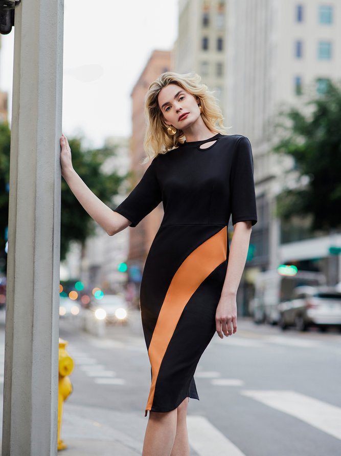 Elegant Color Block Irregular Half Sleeve Dress