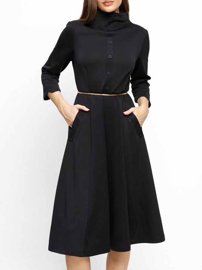 Elegant Stand Collar Plain Regular Fit Three Quarter Dress