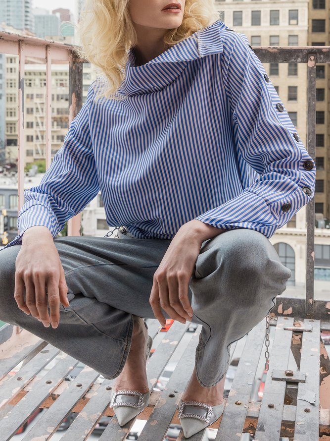 Casual High Neck Striped Long Sleeve Top