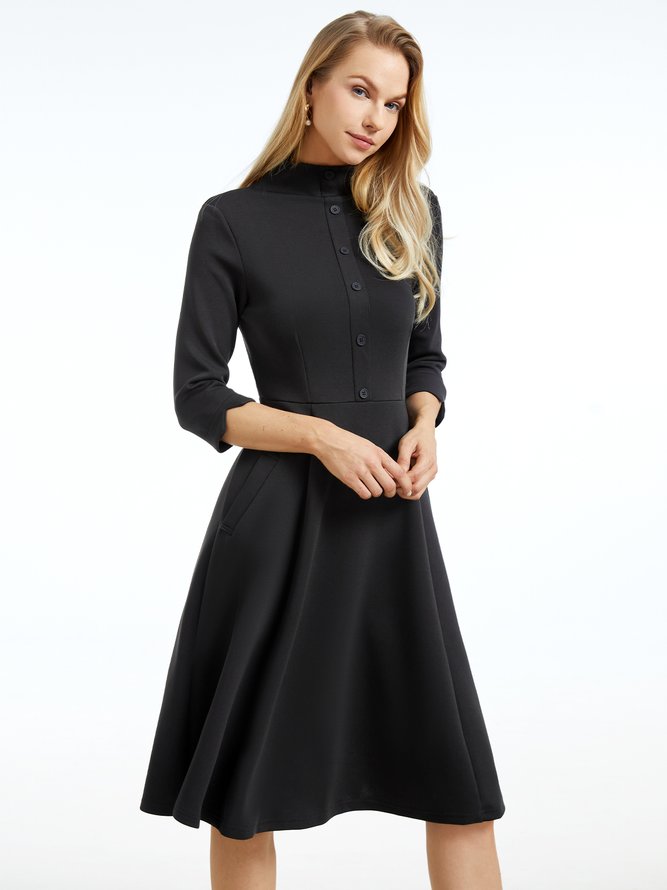 Elegant Stand Collar Plain Regular Fit Three Quarter Dress