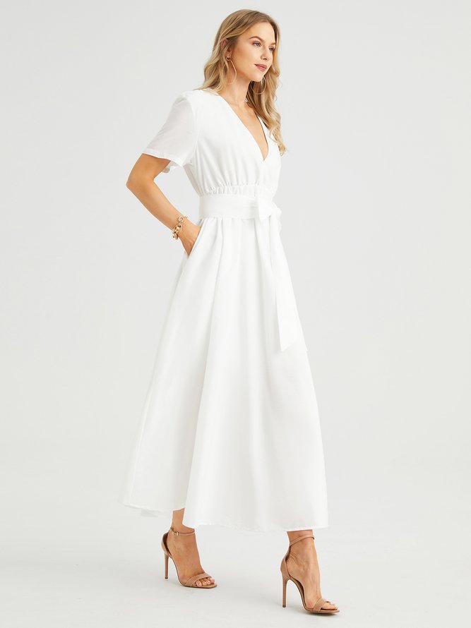 Elegant Deep V  Short Sleeve Woven Dress