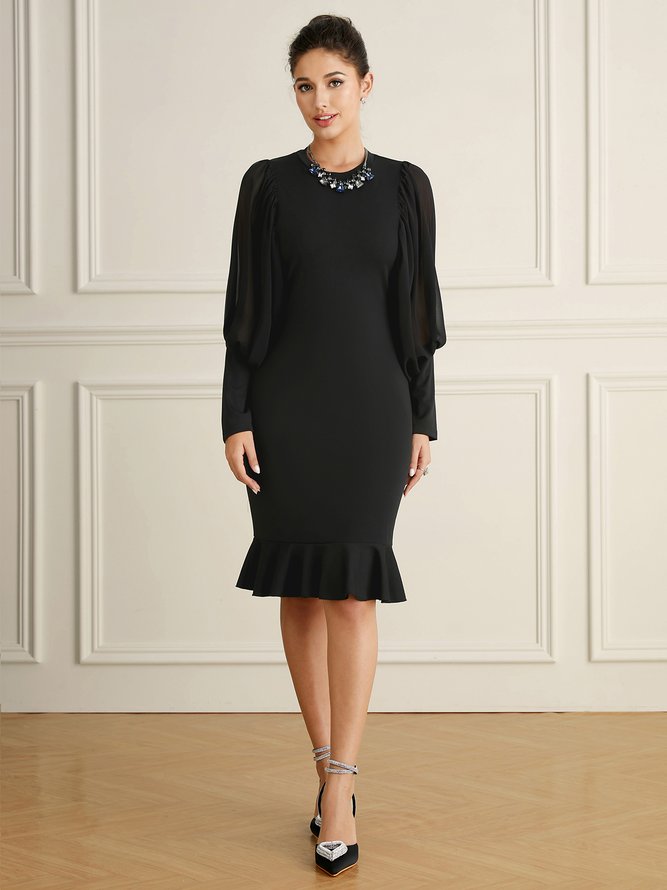 Plain Elegant Crew Neck Tight Long Sleeve Midi Party Dress