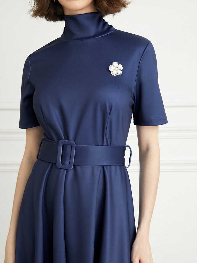 Stand Collar Elegant Floral Short Sleeve  Dress