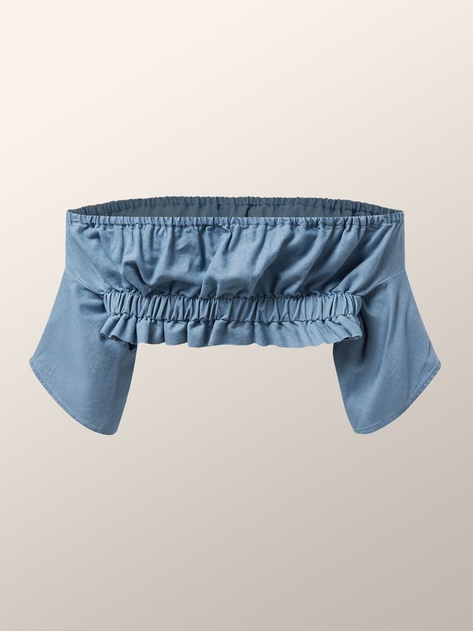 Vacation Cold Shoulder Plain Denim Top