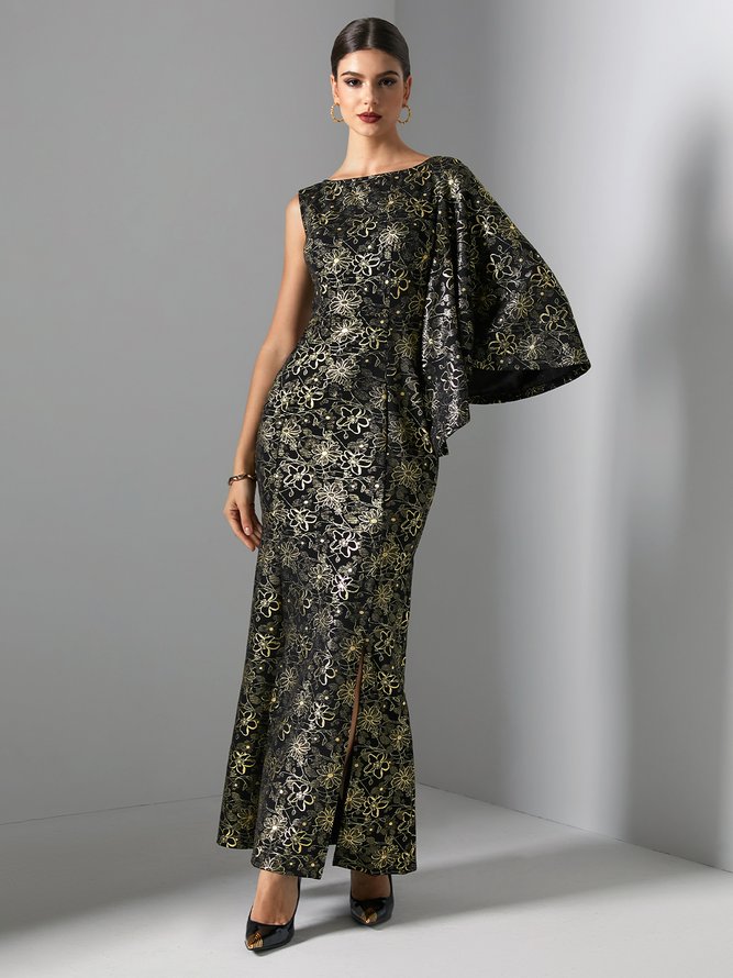 Party Regular Fit Elegant One Shoulder Floral Dress