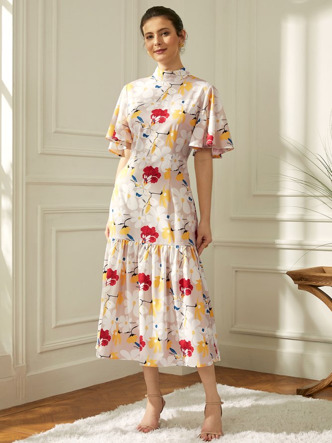 Floral Stand Collar Vacation Midi Dress With No Belt
