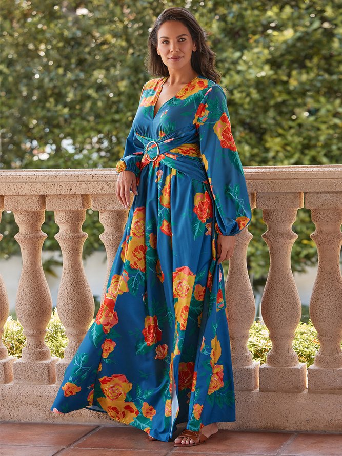 Vacation Long Sleeve Floral V Neck Regular Fit Maxi Dress