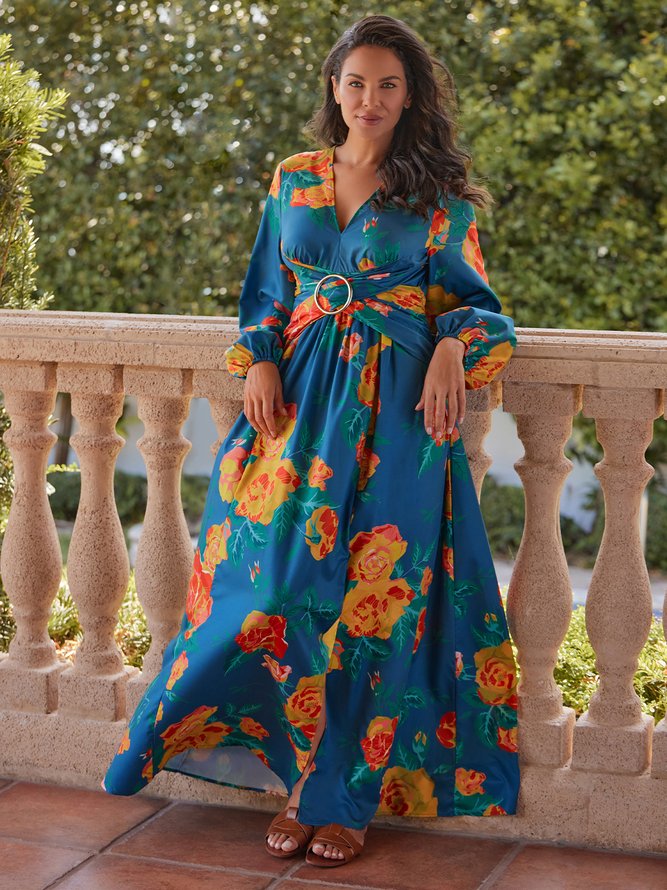 Vacation Long Sleeve Floral V Neck Regular Fit Maxi Dress