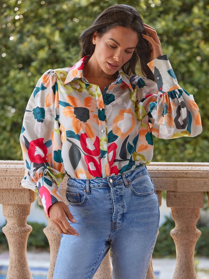 Shirt Collar Elegant Regular Fit Long Sleeve Blouse