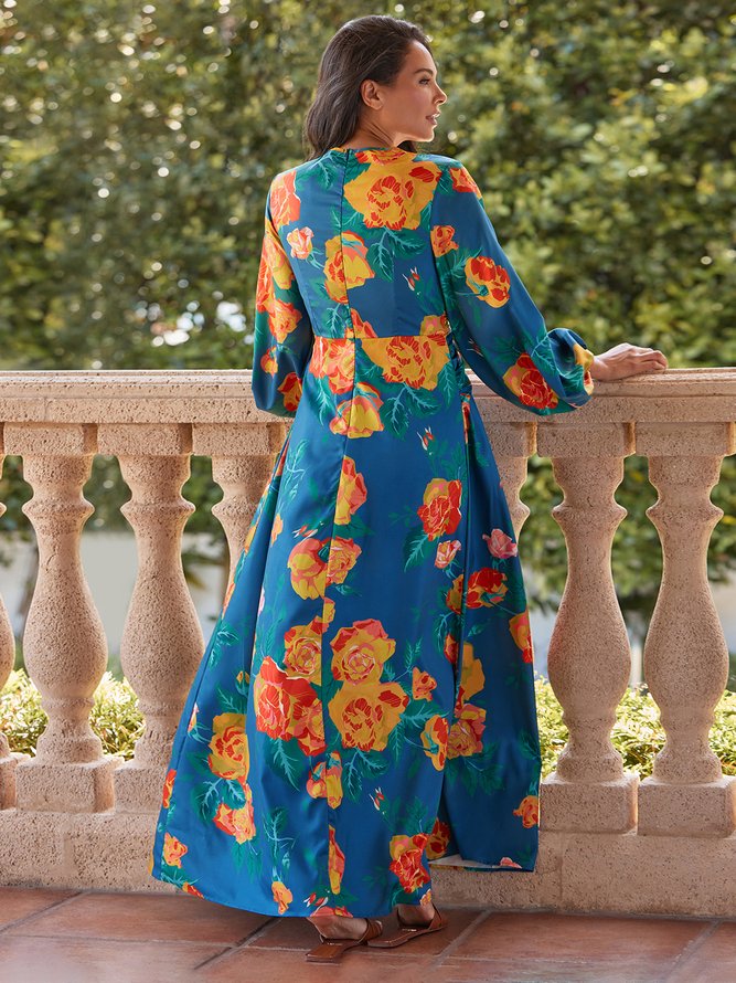 Vacation Long Sleeve Floral V Neck Regular Fit Maxi Dress