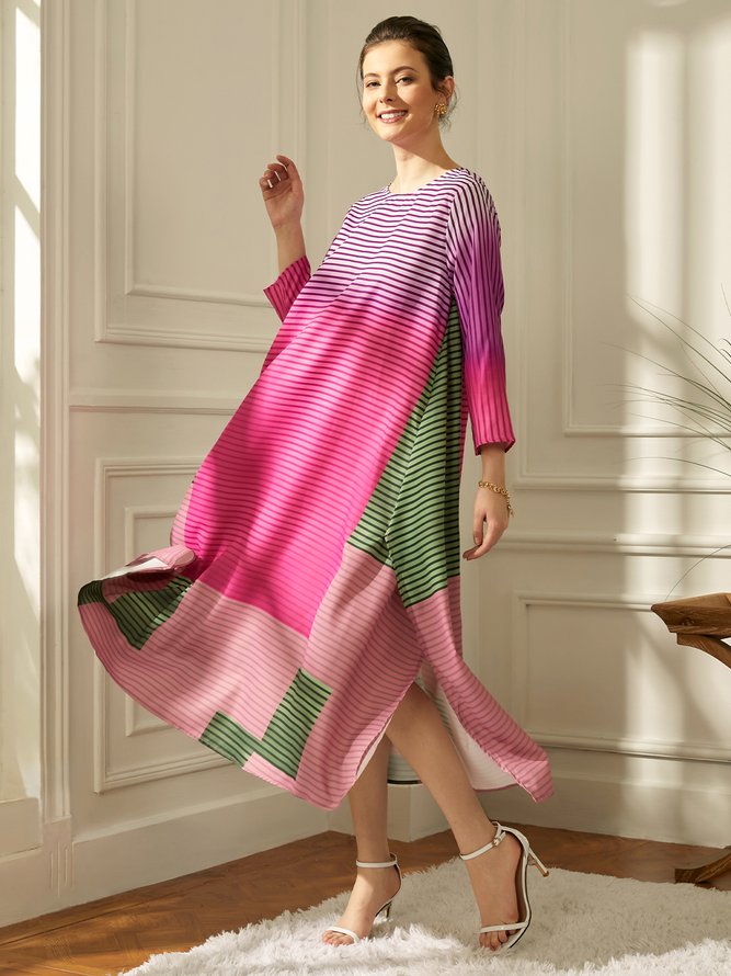 Crew Neck Three Quarter Striped  Printed Dress