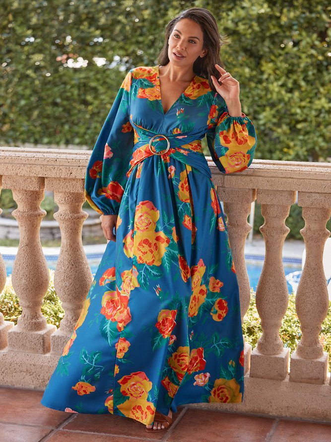 Vacation Long Sleeve Floral V Neck Regular Fit Maxi Dress