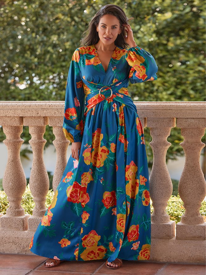 Vacation Long Sleeve Floral V Neck Regular Fit Maxi Dress