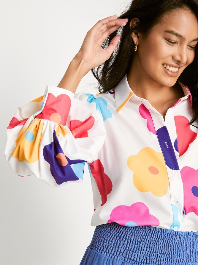 Vacation Shirt Collar Loose Floral Blouse