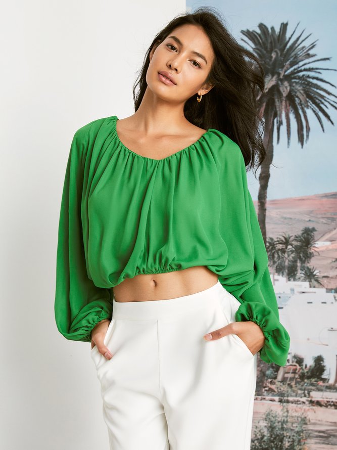 V Neck Elegant Loosen Long Sleeve Plain Blouse