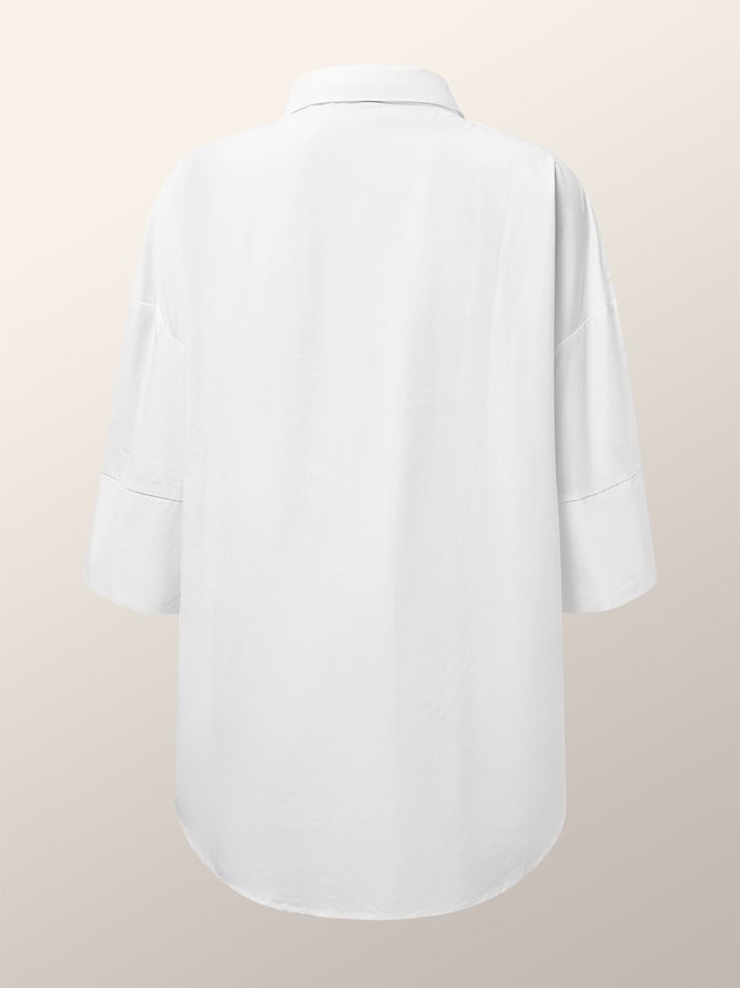 Plain Casual Shirt Collar Cotton Blouse