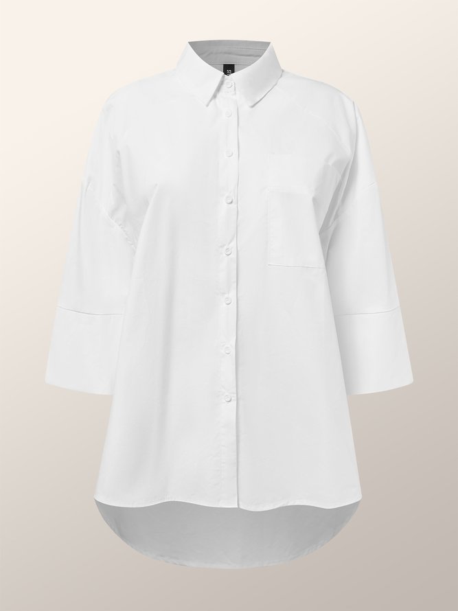 Plain Casual Shirt Collar Cotton Blouse