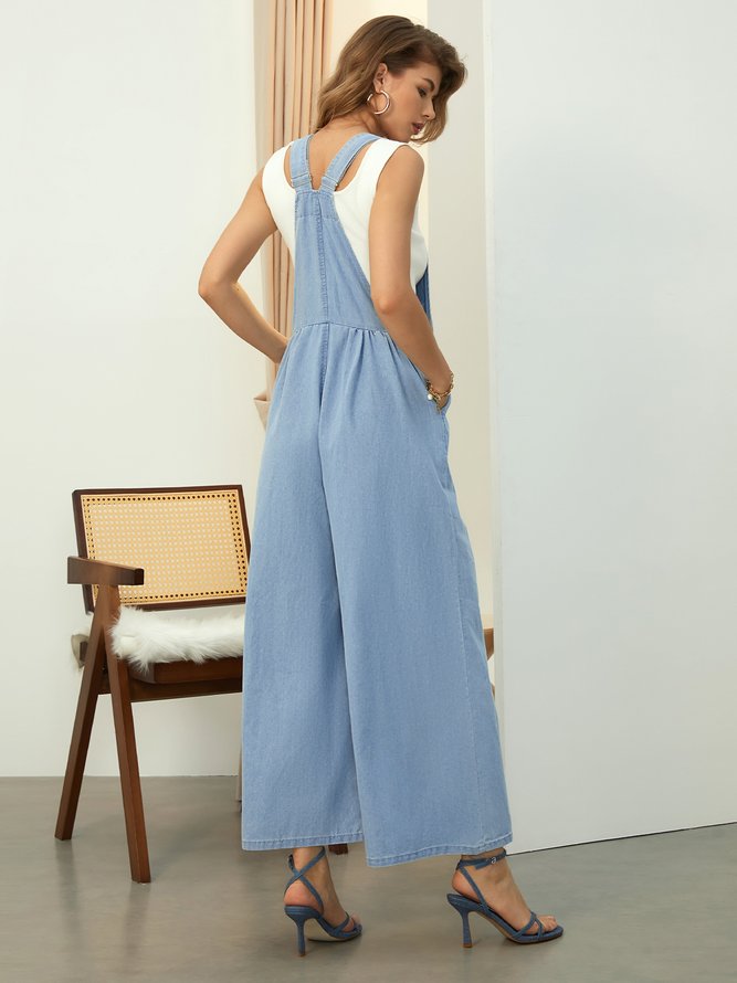 Regular Fit Casual Plain Denim Denim Bib Pants