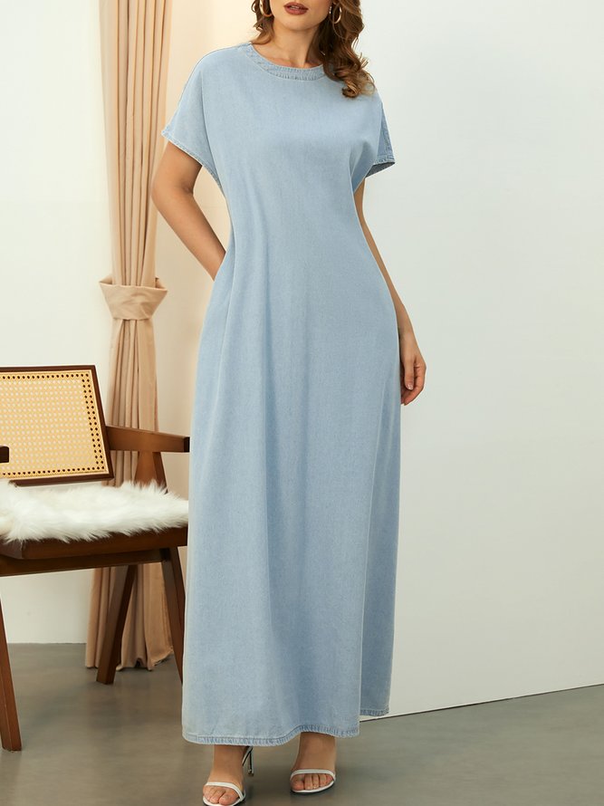 Crew Neck Denim Casual Plain Loose  Pockets Dress