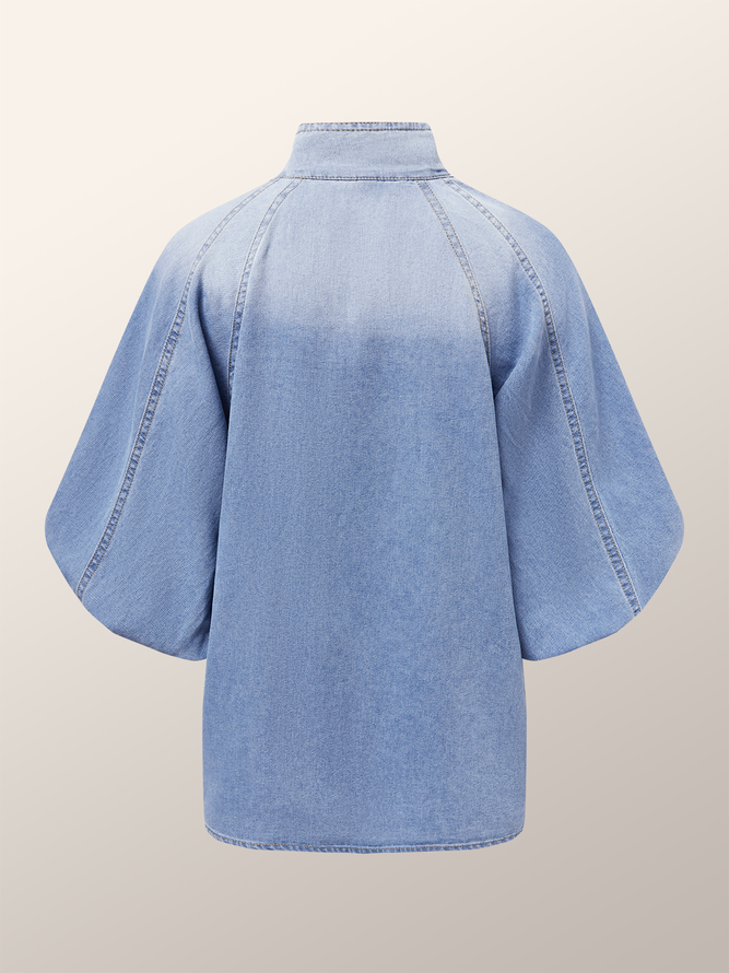 Denim Blouse Casual Stand Collar Regular Fit Plain