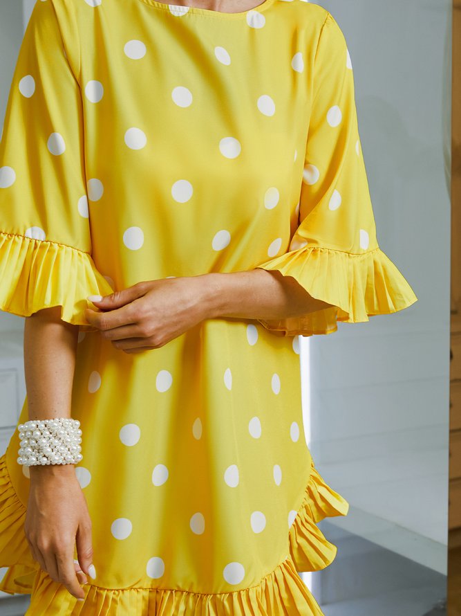 Elegant Crew Neck Ruffled Sleeves Loose Polka Dots Dress With No