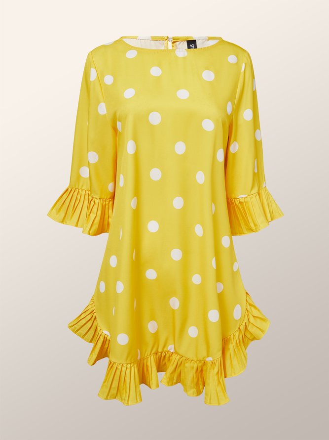 Elegant Crew Neck Ruffled Sleeves Loose Polka Dots Dress With No