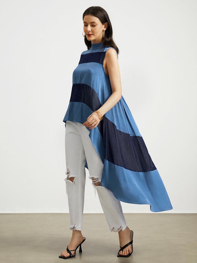 Loose Stand Collar Sleeveless Urban Striped  Faux denim  Mid-long Top