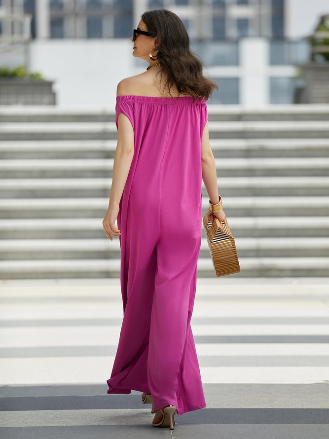 Loose Cold Shoulder Casual Plain Jumpsuit
