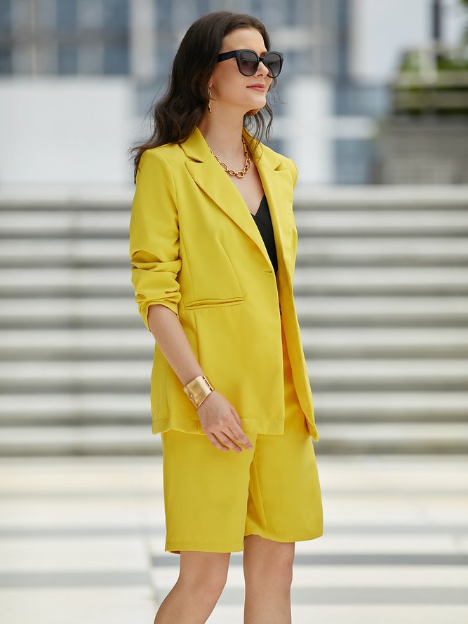 Plain Loose Urban Lapel Collar Long sleeve Two-Piece Set Coat With Pants