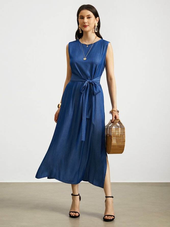 Midi Crew Neck Casual Faux denim Dress