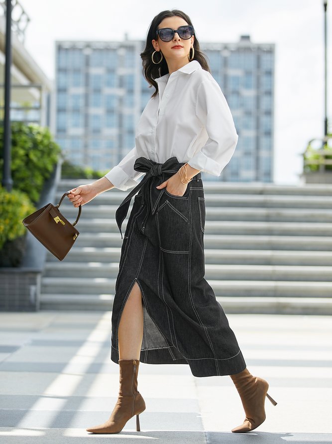 Plain  Simple Loose Urban Shirt Collar Blouse