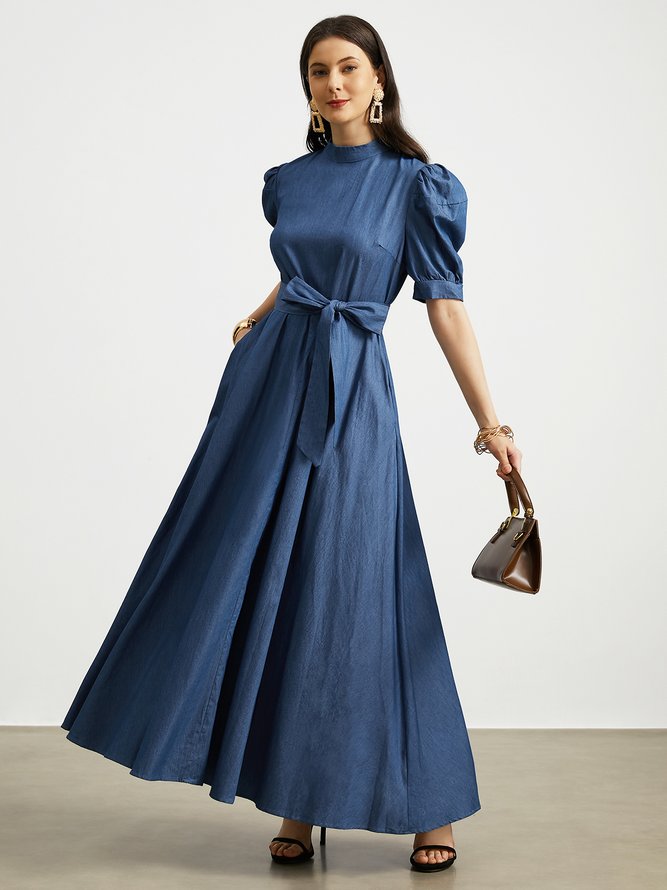Vacation  Plain Crew Neck Faux Denim Dress With Belt