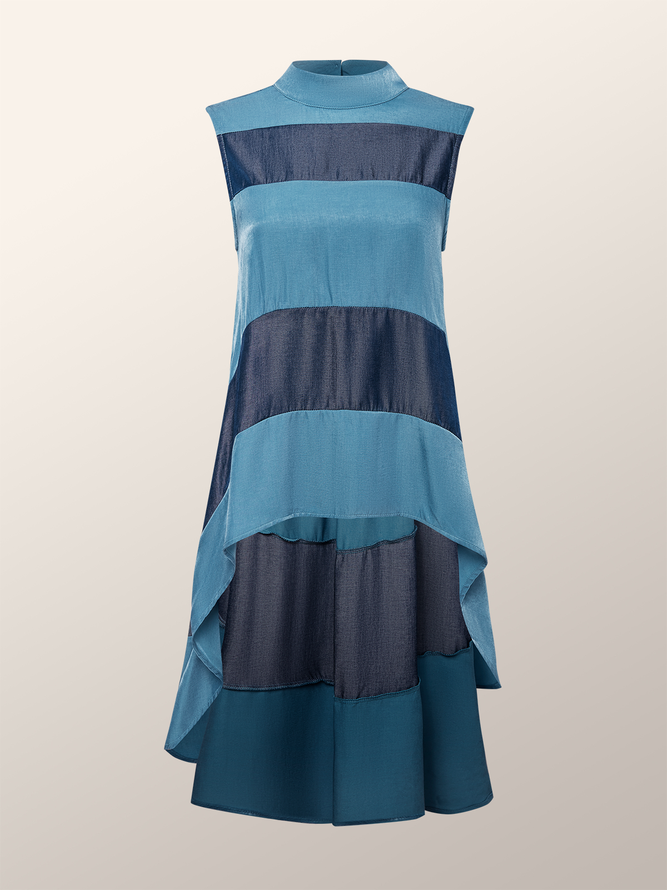 Loose Stand Collar Sleeveless Urban Striped  Faux denim  Mid-long Top