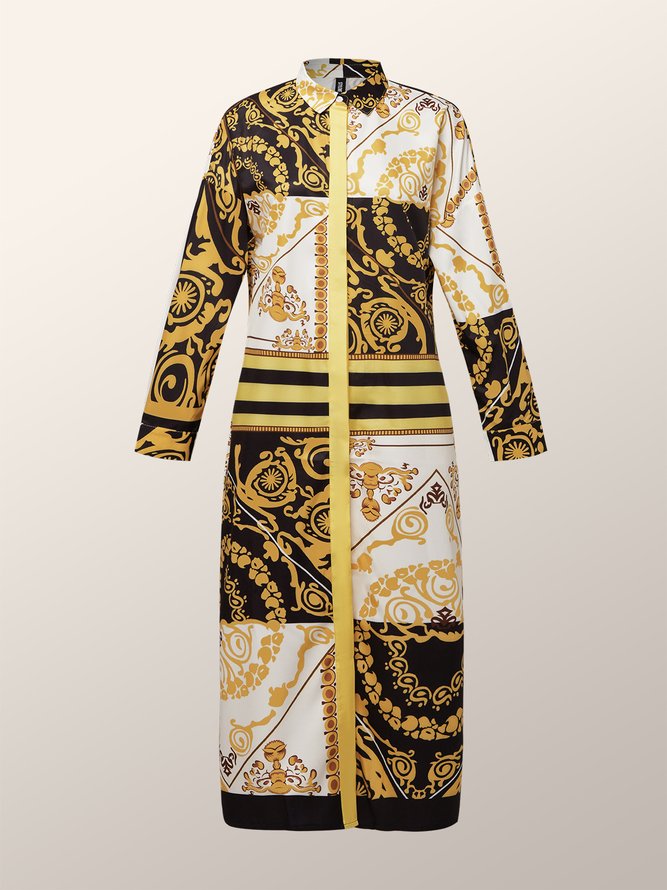 Ethnic Urban Loose Three Quarter Shirt Collar Midi Dress