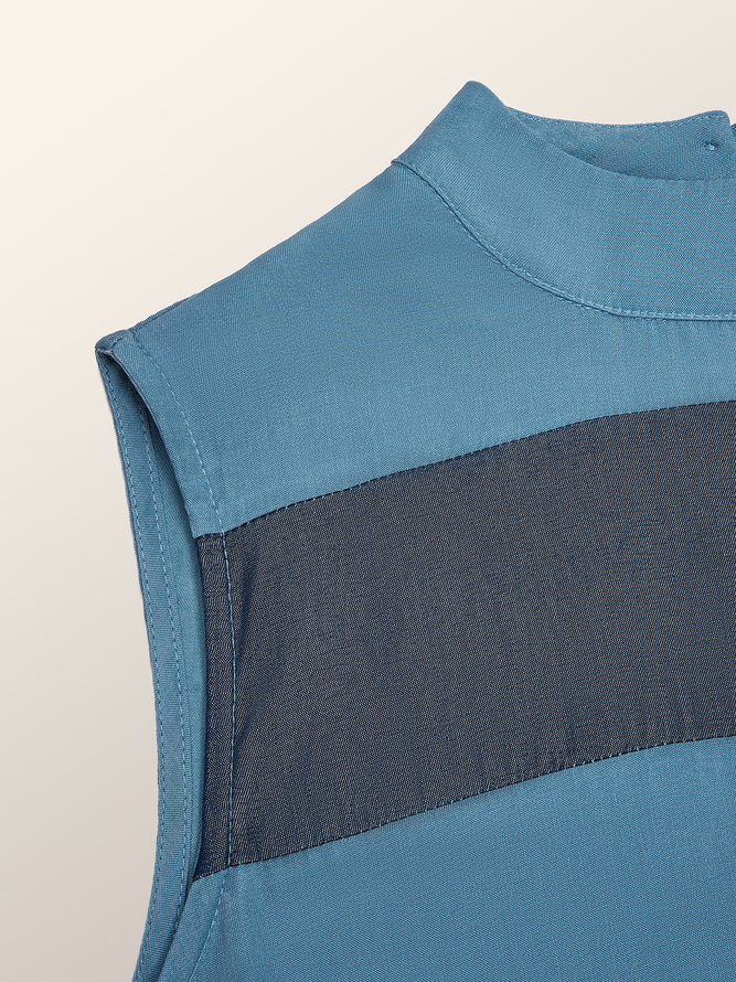 Loose Stand Collar Sleeveless Urban Striped  Faux denim  Mid-long Top