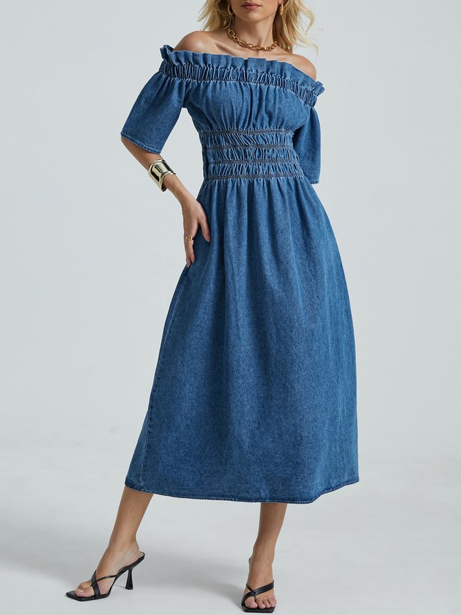 Plain Elegant Regular Fit Cold Shoulder Short sleeve Denim Maxi Dress With No Belt