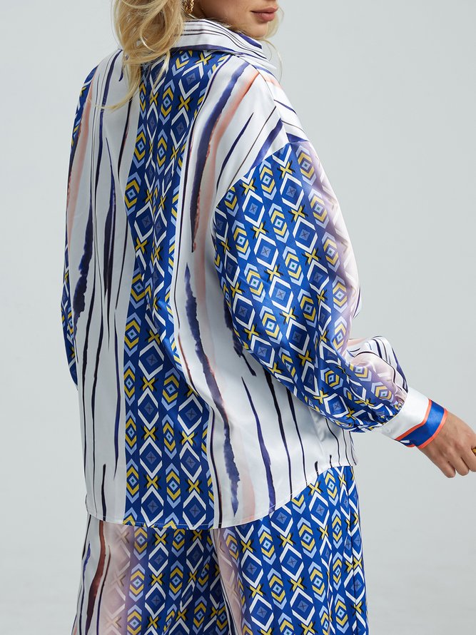Vacation Abstract Graphic Shirt Collar Loose Blouse
