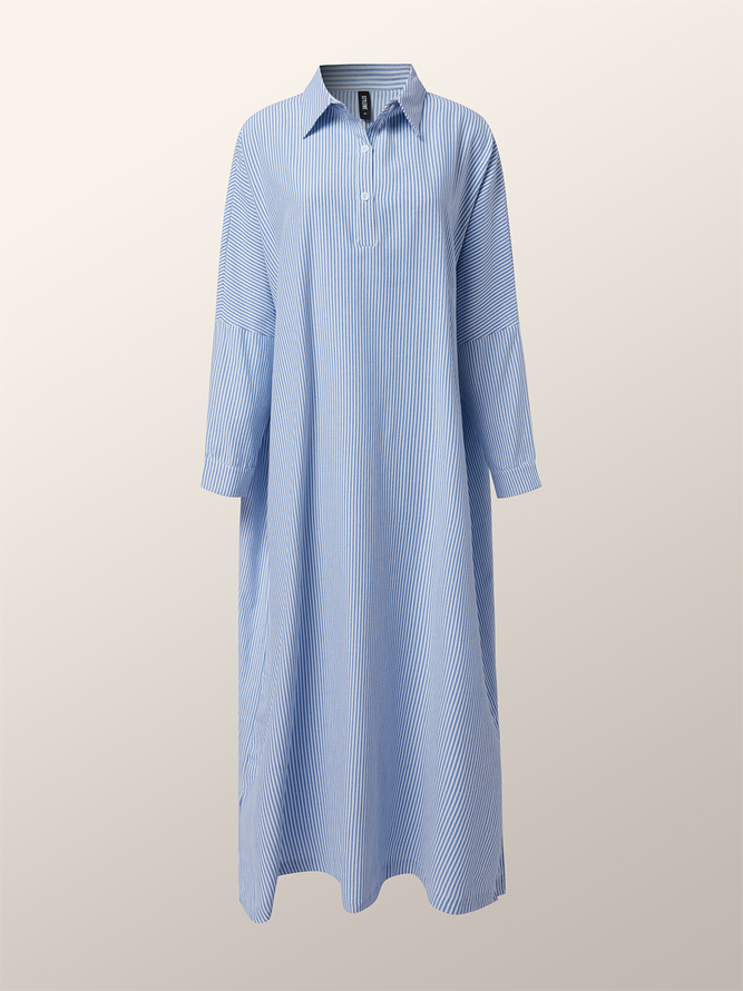 Urban Striped Shirt Collar Loose Maxi Dress With No Belt