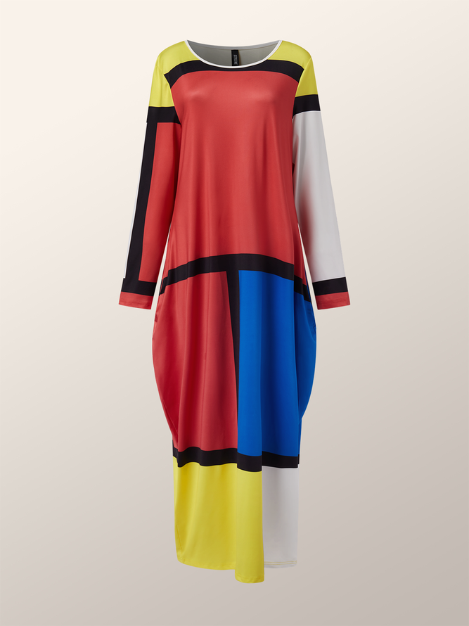Pocket Stitching Crew Neck Geometric Casual Dress