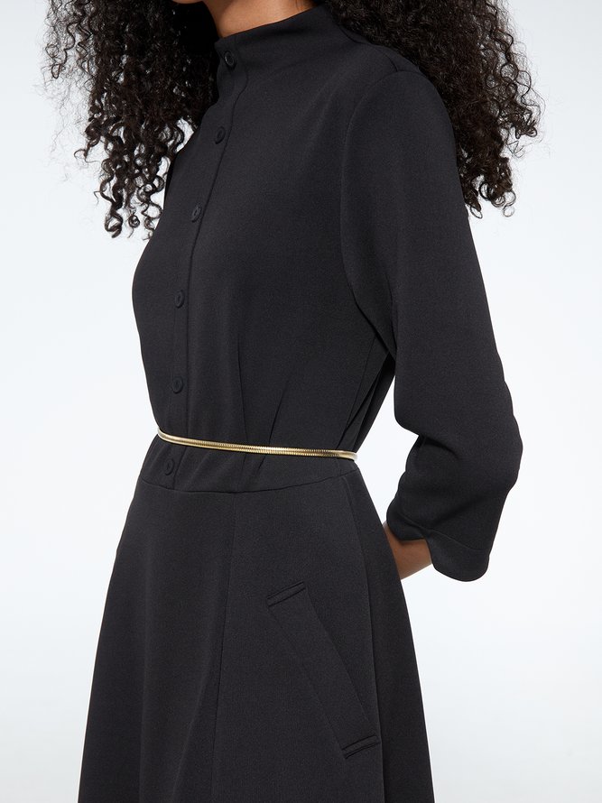Elegant Stand Collar Plain Regular Fit Three Quarter Dress