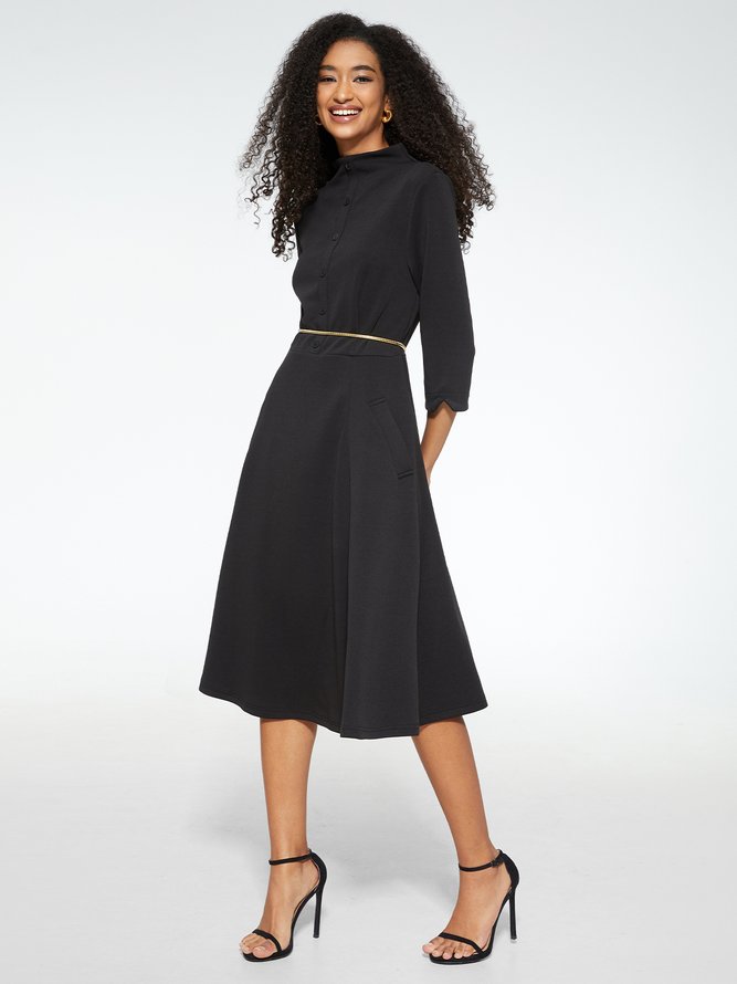 Elegant Stand Collar Plain Regular Fit Three Quarter Dress