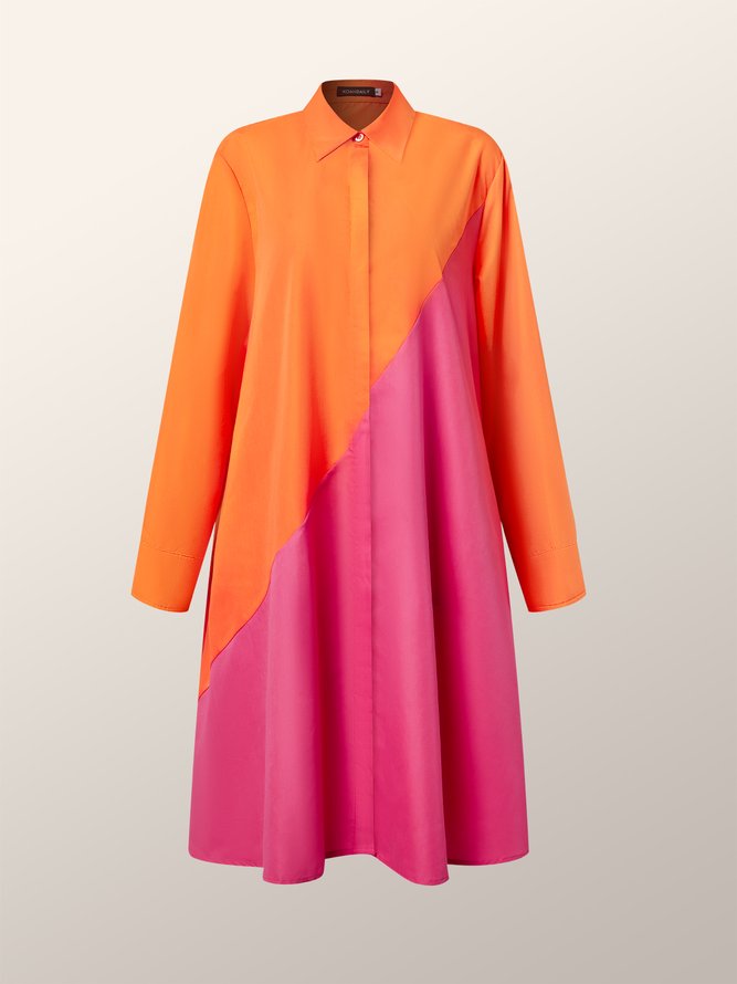 Midi Long sleeve Regular Fit Color Block Shirt Collar Dress